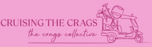 Pink banner with text 'CRUISING THE CRAGS the crags collective' and a line-art illustration of a tuk-tuk carrying wine.